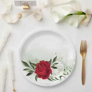 Assiettes En Carton Fleurs rouges et blanches verdure