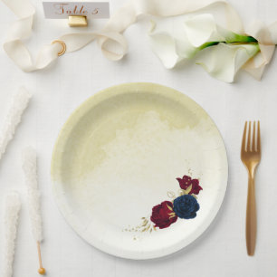 Assiettes En Carton fleurs rouges marine or feuille mariage