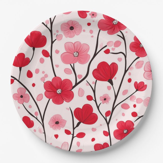 Assiettes En Carton Fleurs rouges romantiques (Devant)