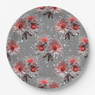 Assiettes En Carton Fleurs rouges sur gris