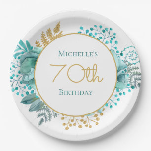 Assiettes En Carton Fleurs sarcelle or 70e anniversaire
