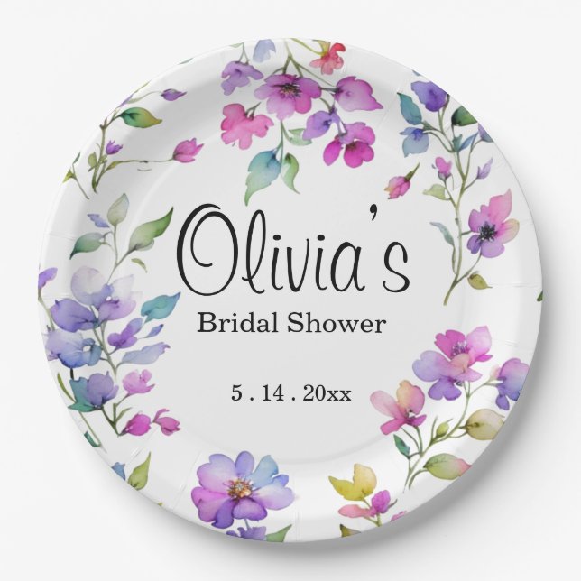 Assiettes En Carton Fleurs sauvages aquarelles rose violet élégantes (Devant)