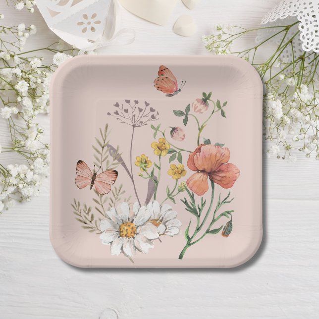 Assiettes En Carton Fleurs sauvages carrées rose pêche blush (Créateur téléchargé)