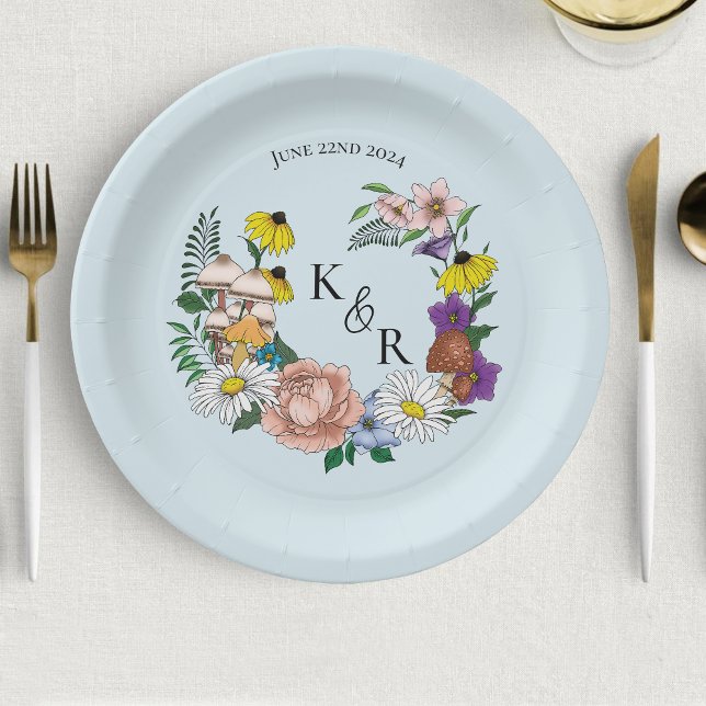 Assiettes En Carton Fleurs sauvages Champignons bleus floraux (Créateur téléchargé)