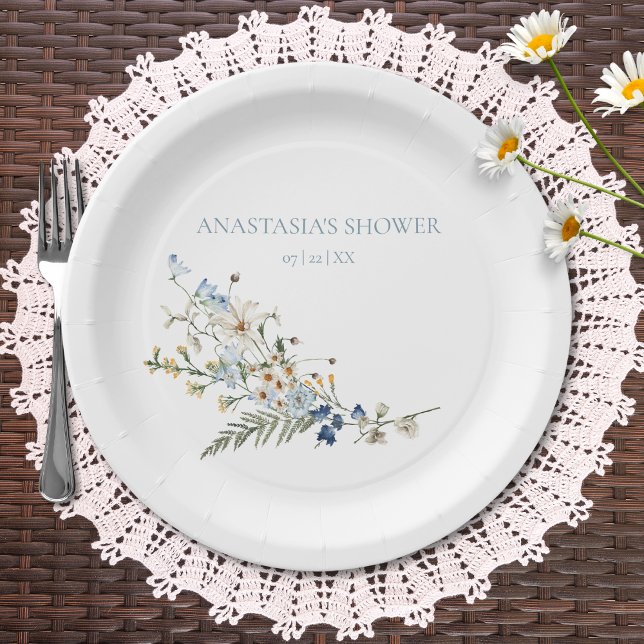 Assiettes En Carton Fleurs sauvages et marguerites poussiéreuses bleue (Créateur téléchargé)