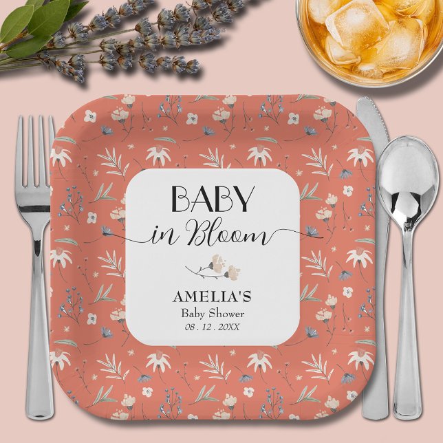 Assiettes En Carton Fleurs sauvages sur le Baby shower de Terracotta (Wildflowers on terracotta gender-neutral baby shower paper plates)