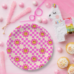Assiettes En Carton Fleurs souriantes rose vif à carreaux avec des car