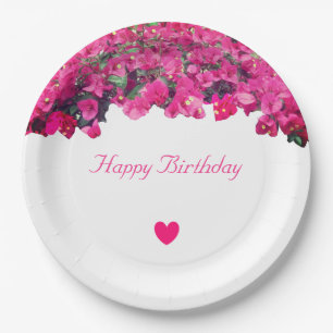 Assiettes En Carton Fleurs tropicales & cœur Joyeux anniversaire