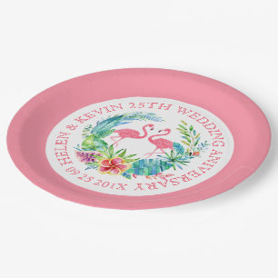 Assiettes En Carton Fleurs tropicales couronnes flamants roses