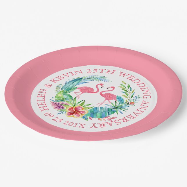 Assiettes En Carton Fleurs tropicales couronnes flamants roses (Angle)