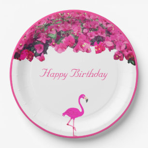 Assiettes En Carton Fleurs tropicales et anniversaire flamant rose