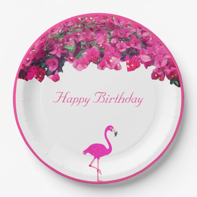 Assiettes En Carton Fleurs tropicales et flamants Anniversaire (Devant)