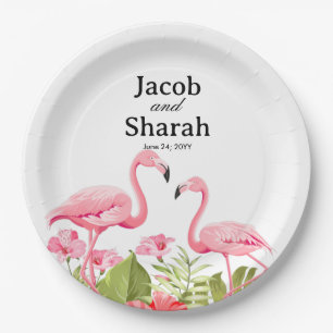 Assiettes En Carton Fleurs tropicales et motif flamants roses
