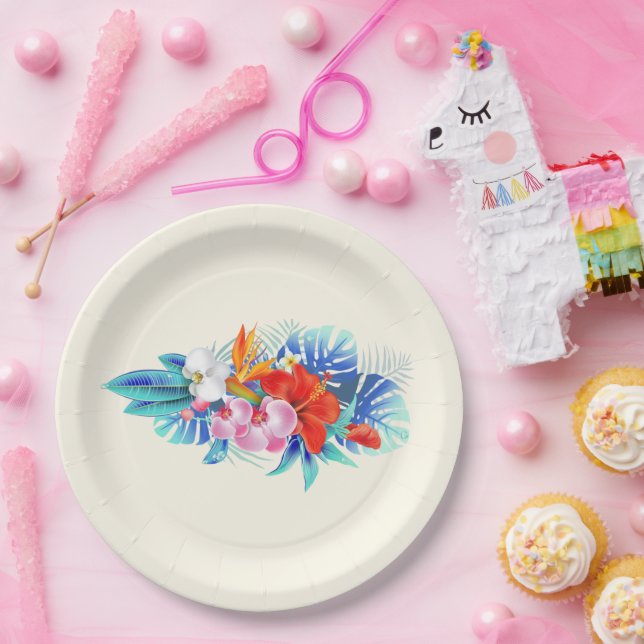 Assiettes En Carton Fleurs tropicales exotiques en rose et turquoise (Fête)
