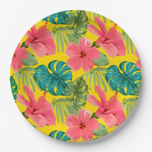 Assiettes En Carton Fleurs tropicales exotiques et feuillage sur Jaune