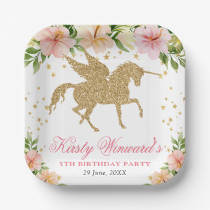 Assiettes En Carton Fleurs tropicales roses licorne dorée fête d'anniv