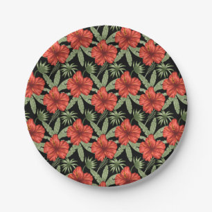 Assiettes En Carton Fleurs tropicales rouges sans coutures motif vert