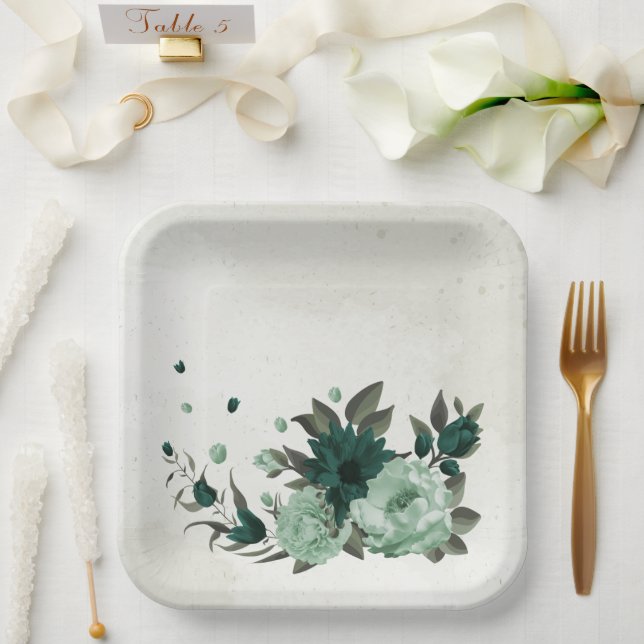 Assiettes En Carton fleurs vert émeraude botanique (Mariage)