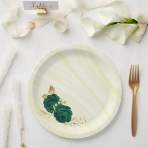 Assiettes En Carton fleurs vert émeraude feuilles or marbre