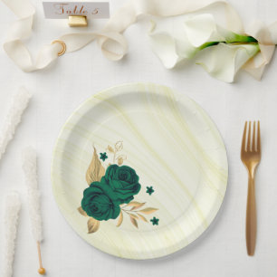 Assiettes En Carton fleurs vert émeraude feuilles or marbre