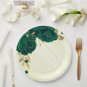 Assiettes En Carton fleurs vert émeraude feuilles or marbre