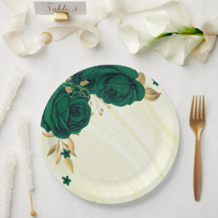 Assiettes En Carton fleurs vert émeraude or marbre feuille