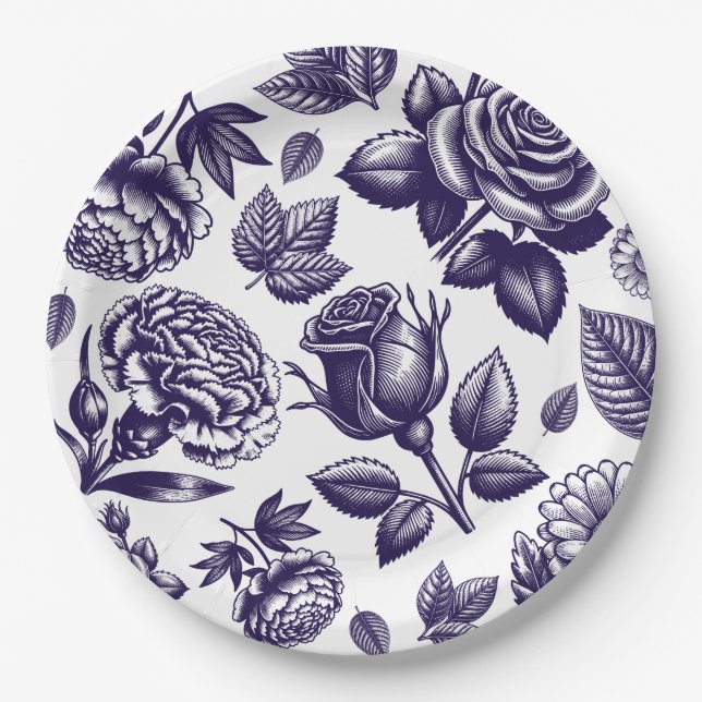 Assiettes En Carton Fleurs Vintage Bleu Marine (Devant)