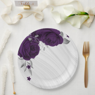 Assiettes En Carton fleurs violet royal feuilles argent marbre
