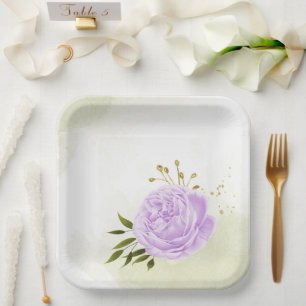 Assiettes En Carton Fleurs violettes boho feuilles vertes botanique