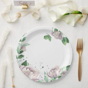 Assiettes En Carton fleurs violettes feuilles vertes papillons