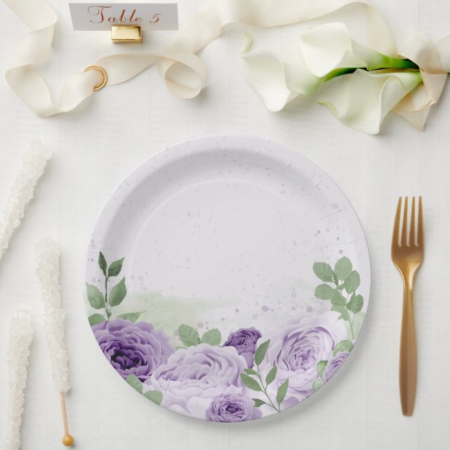 Assiettes En Carton fleurs violettes romantiques vert feuille botaniqu (Mariage)