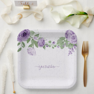 Assiettes En Carton fleurs violettes romantiques vert feuille botaniqu