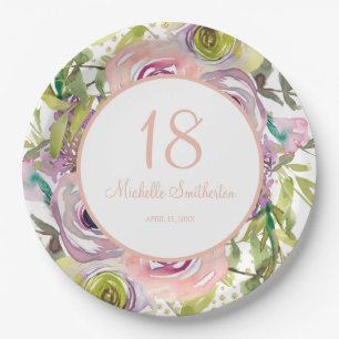 Assiettes En Carton Fleurs violettes roses paillettes dorées 18e anniv