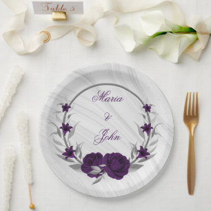 Assiettes En Carton fleurs violettes royales couronne de feuilles d'ar