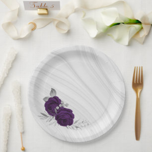 Assiettes En Carton fleurs violettes royales marbre feuille argent