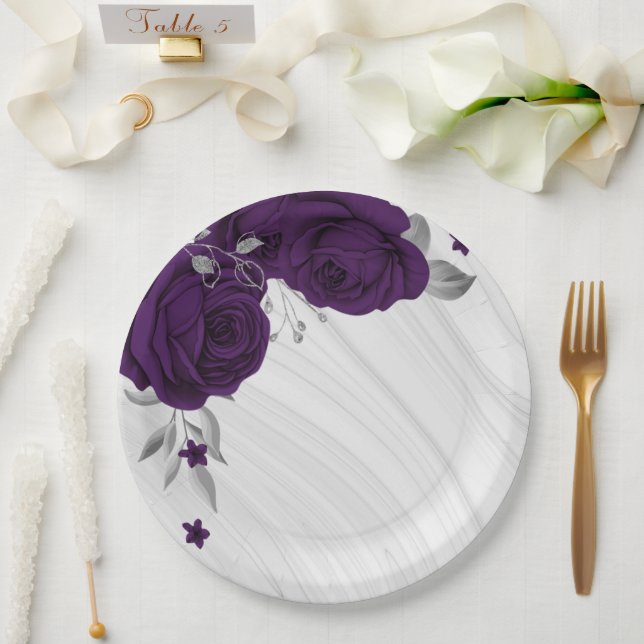 Assiettes En Carton fleurs violettes royales marbre feuille argent (Mariage)