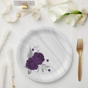 Assiettes En Carton fleurs violettes royales marbre feuille argent