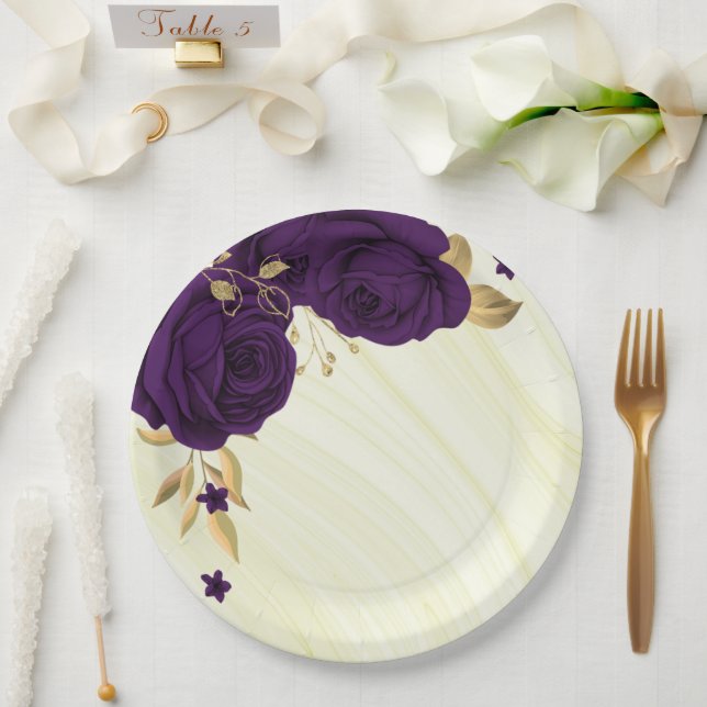 Assiettes En Carton fleurs violettes royales or marbre feuille