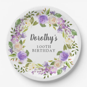 Assiettes En Carton Fleurs Violettes Rustiques pour 100e Anniversaire