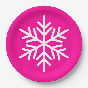 Assiettes En Carton Flocon de neige alpin blanc festif sur fond rose v