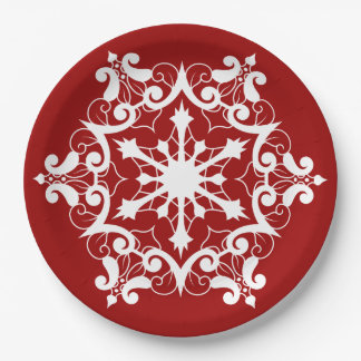 Assiettes En Carton Flocon De Neige Blanc Sur Crimson Rouge
