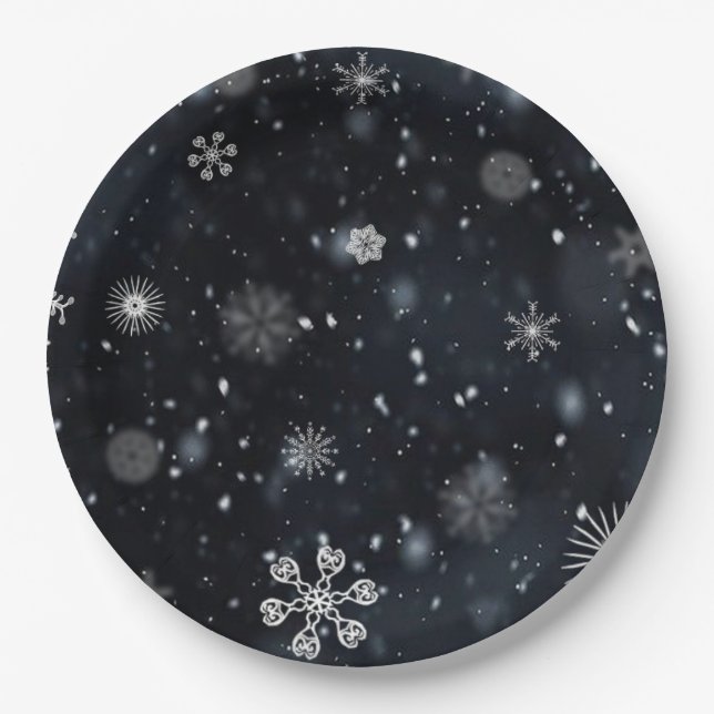 Assiettes En Carton Flocon de neige d'hiver (Devant)