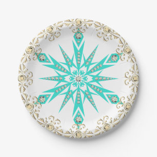Assiettes En Carton Flocon de neige turquoise diamant blanc milieu du 