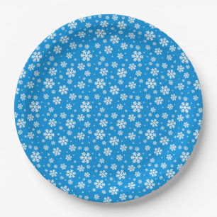 Assiettes En Carton Flocons blancs sur fond bleu ciel hivernal
