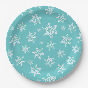 Assiettes En Carton Flocons blancs sur motif bleu d'hiver