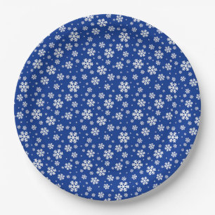 Assiettes En Carton Flocons blancs sur motif d'hiver bleu foncé