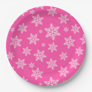 Assiettes En Carton Flocons blancs sur motif hiver rose