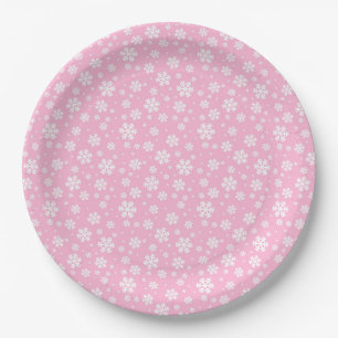 Assiettes En Carton Flocons blancs sur motif hiver rose pâle