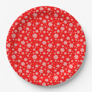 Assiettes En Carton Flocons blancs sur motif rouge d'hiver