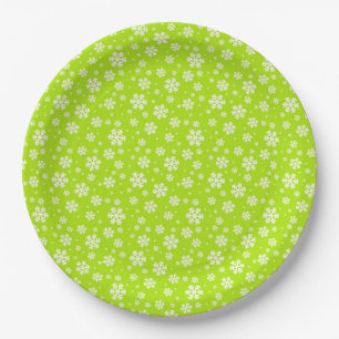 Assiettes En Carton Flocons blancs sur motif vert d'hiver